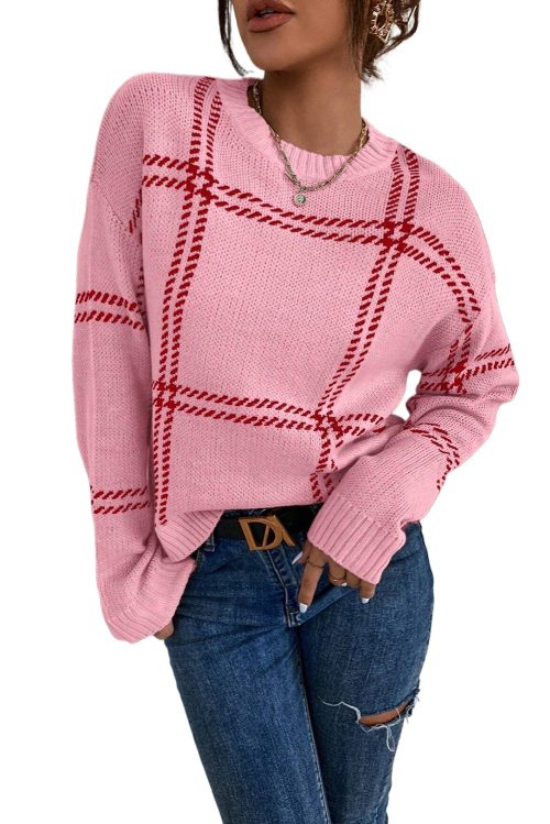 Women's Pink Plaid Pattern Knitted Drop Shoulder Sweater - Cozy and Stylish