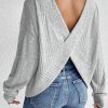 Women's Light Grey Textured Crossover Backless Knit Long Sleeve Top - Image 6