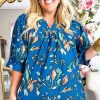 Elegant Blue Floral Notched V Neck Half Sleeve Plus Size Blouse for Women - Image 3