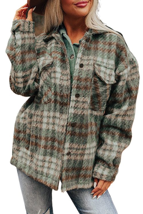 Women's Mist Green Plaid Print Shacket with Chest Pockets