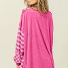 Women's Rose Red Checkerboard Striped Patchwork Lantern Sleeve Blouse with Pocket - Image 3