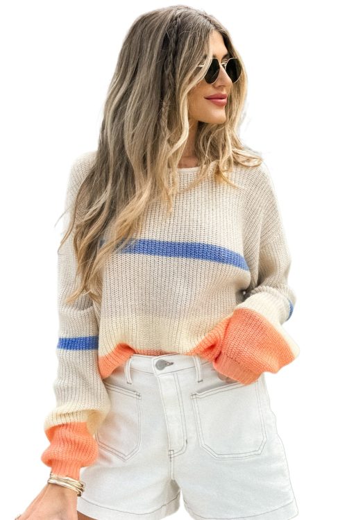 Women's Cozy Beige Colorblock Striped Drop Shoulder Sweater