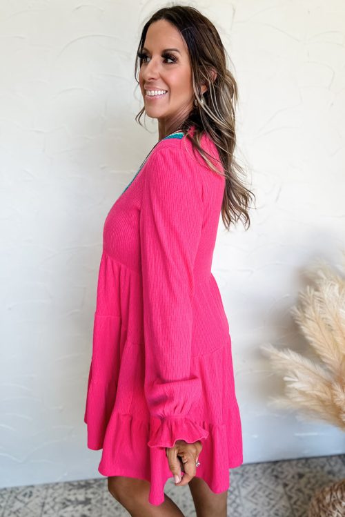 Women's Rose Red Colorful Crochet V Neck Textured Tiered Ruffled Long Sleeve Mini Dress