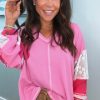 Women's Bonbon Lace Floral Patchwork Sleeve V Neck Rib Knit Blouse - Image 3