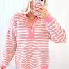 Women's Pink Stripe Buttoned V Neck Collared Drop Shoulder Long Sleeve Top - Image 5