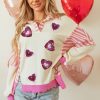 Women's Pink Stripe Patchwork Long Sleeve Top with Sequin Heart Pattern - Image 3