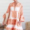 Women's Orange Geometric Print Ruffle Tiered Mini Dress with V Neck - Image 5