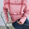 Women's Pink Plaid Pattern Knitted Drop Shoulder Sweater - Cozy and Stylish - Image 6