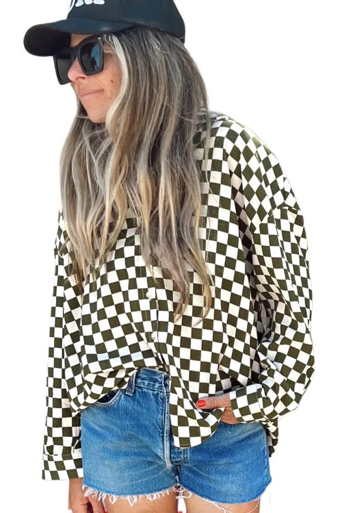 Women's Green Checkerboard Printed Drop Shoulder Casual Shirt