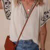 Women's White Floral Embroidered Short Sleeve V Neck Blouse for Summer - Image 2