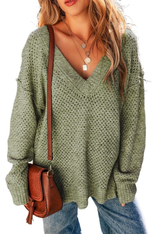 Women's Jungle Green Loose Eyelet V Neck Drop Shoulder Sweater - Stylish Casual Winter Wear