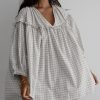 Women's White Stripe Checkered Frilled V Neck Bracelet Sleeve Babydoll Dress - Image 3