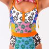 Women's Orange Floral Colorblock Spaghetti Strap Teddy Swimsuit with Padded Shelf Bra - Image 12