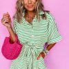 Women's Green Stripe Textured Short Sleeve Collared Buttoned Waist Tie Romper - Chic & Casual Style - Image 5