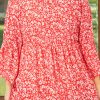 Women's Plus Size Red Floral V Neck Blouse with Flared Bracelet Sleeves - Image 2