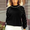 Elegant Women's Black Pearl Beaded Bishop Sleeve Sweater for Special Occasions - Image 3