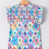 Women's Light Blue Geometric Printed Flutter Sleeve Mock Neck Shirred Blouse - Image 11