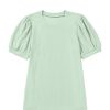 Women's Mist Green Textured Round Neck Short Puff Sleeve Top for Casual and Office Wear - Image 13