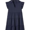 Elegant Navy Blue Plus Size Dress with Collared V Neck and Flutter Sleeves - Image 25