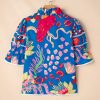 Women's Blue Abstract Print Frilled Collar Ruffled Puff Short Sleeve Top - Image 8