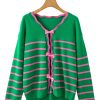 Women's Green Stripe Colorblock Cardigan with Cute Bow Detail - Image 12