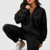 Women's Black Plain Half Zip V-Neck Ribbed Edge Loose Tracksuit - Image 4