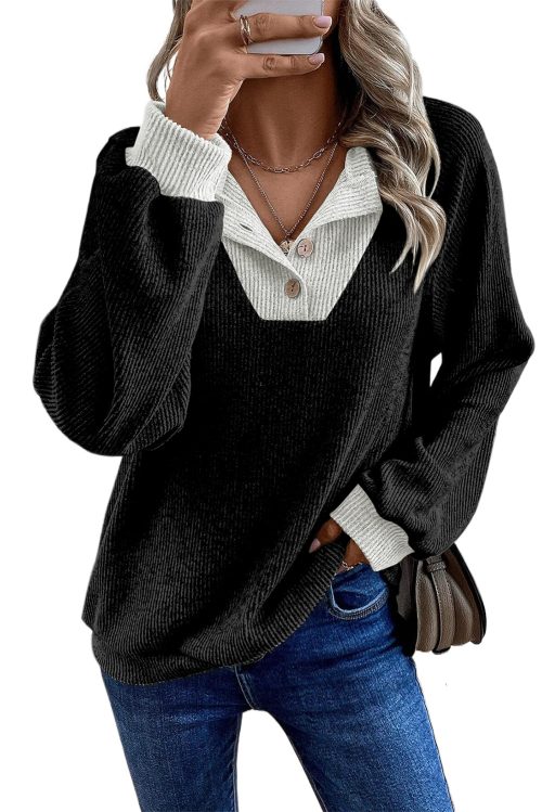 Women's Black Color Contrast Ribbed Loose Fit Long Sleeve Top