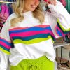 Women's Plus Size White Colorful Striped Drop Shoulder Loose Sweatshirt - Image 3