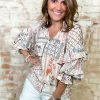 Women's Multicolour Boho Floral Patched Ruffled Sleeve Tied Neck Blouse - Image 7