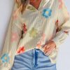 Women's Loose Fit Apricot Stripe Flower Print Collared Button-up Shirt - Image 6