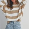 Women's Light French Beige Colorblock Striped Drop Shoulder Sweater with Side Slit - Image 12