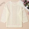 Women's White Hollow Out Knit Bracelet Sleeve Drop Shoulder Sweater - Image 5