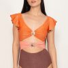 Elegant Orange Ruffle Sleeve Tricolor Cutout Front Ring One Piece Swimsuit - Image 20