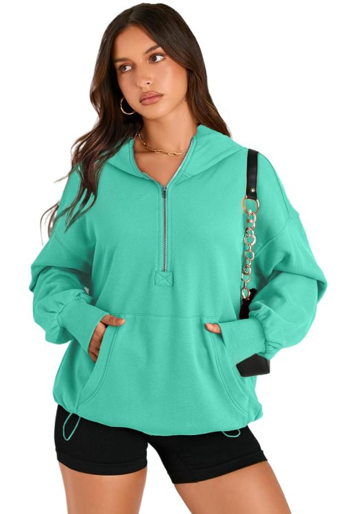 Women's Oversized Aruba Blue Hoodie with Kangaroo Pocket and Half Zipper