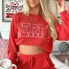 Women's Racing Red Corded MERRY Graphic Long Sleeve Top and Shorts Set - Image 8