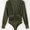 Women's Moss Green Ruched Wrap V Neck Long Sleeve Bodysuit - Image 8