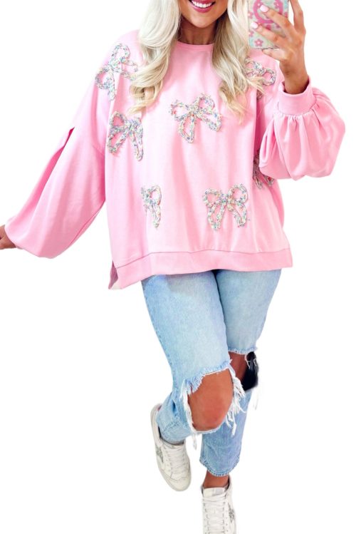 Women's Light Pink Oversized Pullover Sweatshirt with Embroidered Bow and Lantern Sleeves