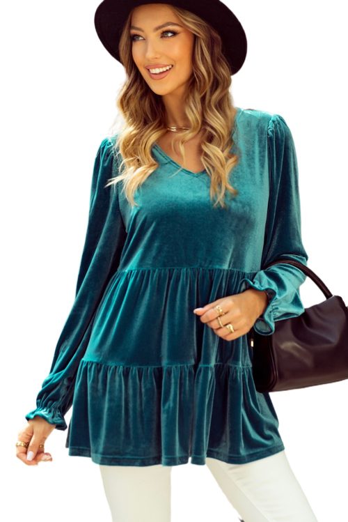 Women's Elegant Sea Green Velvet V Neck Peplum Hem Puff Sleeve Blouse