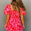 Women's Red Floral Bubble Sleeve Sweetheart Neck Ruffled Mini Dress - Image 10