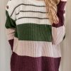 Women's Green Color Block Striped Buttoned Shoulder Split Sweater - Image 4