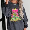 Women's Gray Christmas Tree Printed Drop Shoulder Corded Sweatshirt for Festive Comfort - Image 2