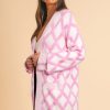 Women's Pink Rhombus Pattern Knit Open Front Cardigan with Pockets - Image 3