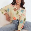 Women's Loose Fit Apricot Stripe Flower Print Collared Button-up Shirt - Image 12