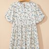 Women's Beige Floral Puff Short Sleeve Empire Waist Mini Dress for Summer - Image 9