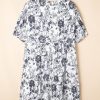 Elegant Black Floral Print Plus Size Midi Dress with Bow Detail and Puff Sleeves - Image 10