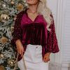 Women's Red Velvet Top with Sequin Patchwork Sleeves - Button Up Style - Image 4