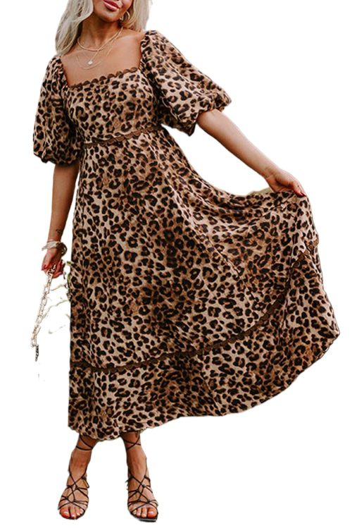 Brown Leopard Print Bubble Sleeve Square Neck Maxi Dress for Women