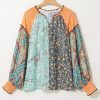 Plus Size Green Floral Patchwork Blouse with Lantern Sleeves - Stylish V Neck Design - Image 3