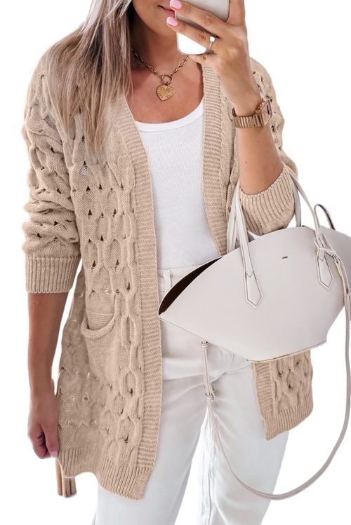 Women's Jet Stream Cable Knit Eyelet Side Pockets Baggy Cardigan