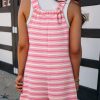 Women's Pink Stripe Knotted Strap Patched Pocket Casual Romper - Image 11